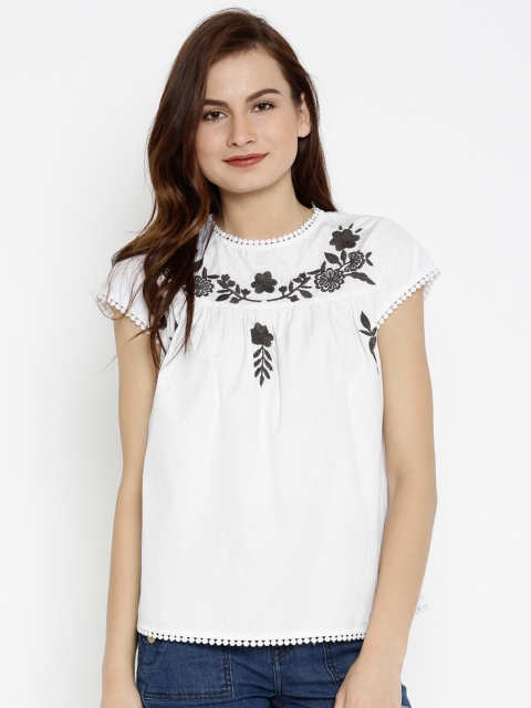 

SASSAFRAS Women White Embroidered Pure Cotton Top