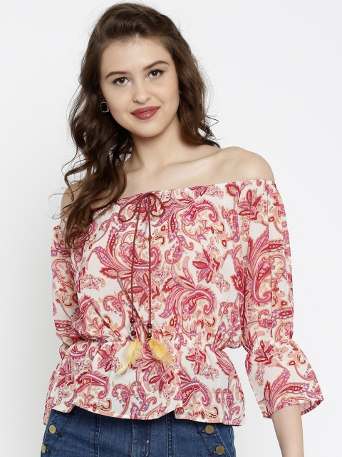 

SASSAFRAS Women Pink & Off-White Printed Bardot Top