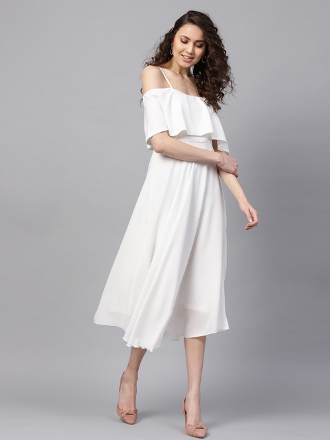 

SASSAFRAS Women White Solid Off-Shoulder Midi Fit & Flare Dress