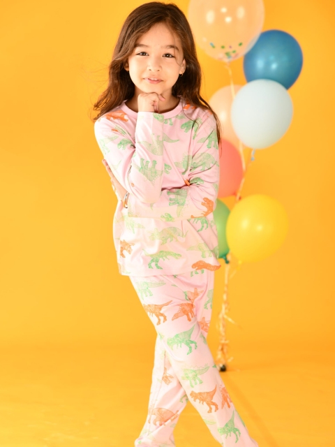 

Anthrilo Girls Pink & Green Dinosaur Printed Pure Cotton Night suit
