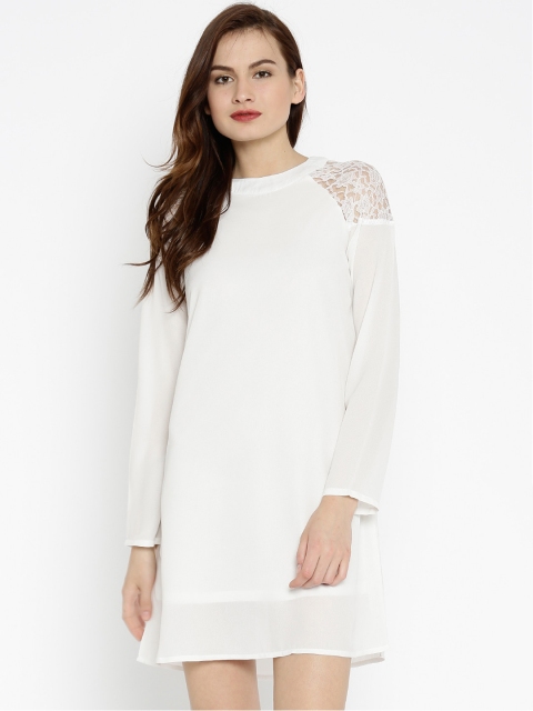 

SASSAFRAS Women White Solid A-Line Dress with Lace Shoulders