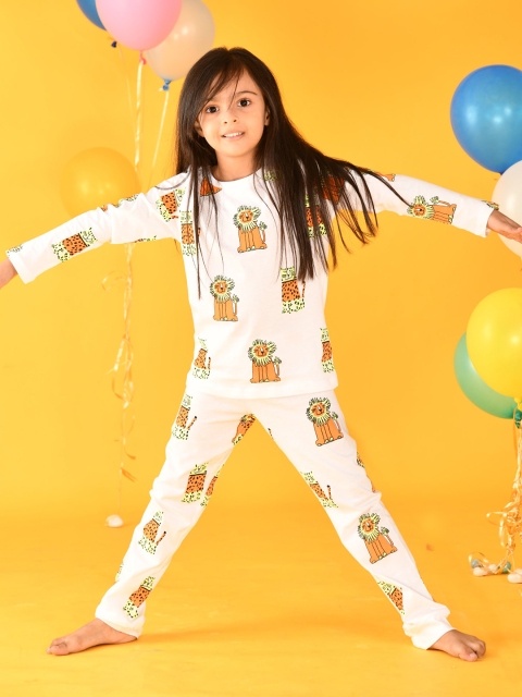 

Anthrilo Girls White & Brown Printed Pure Cotton Night suit