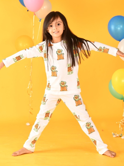 

Anthrilo Girls White & Orange Printed Cotton Night suit