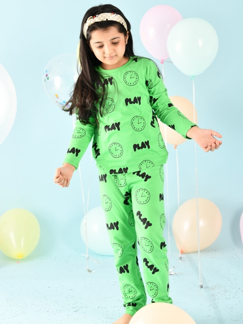 

Anthrilo Girls Green & Black Printed Pure Cotton Night suit