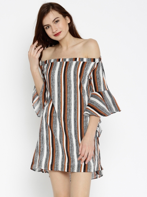 

SASSAFRAS Women Brown & White Striped Off-Shoulder Shift Dress with a Cut-Out Back