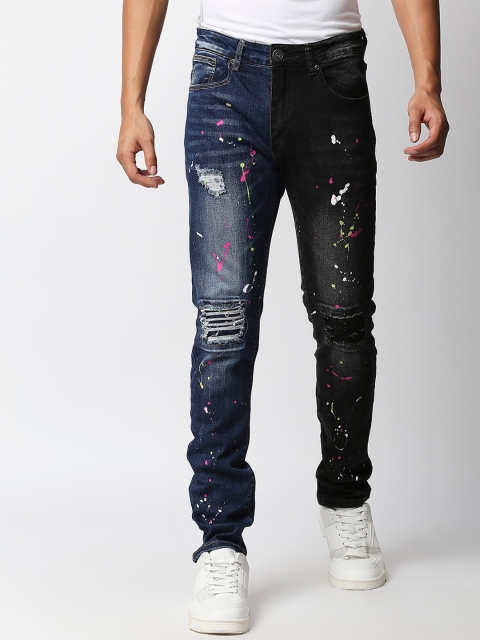 

WAIMEA Men Black Skinny Fit Mildly Distressed Embellished Paint Stretchable Jeans