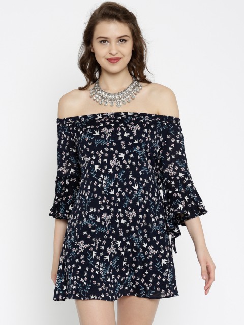 

SASSAFRAS Women Navy Floral Print Off-Shoulder Dress, Navy blue