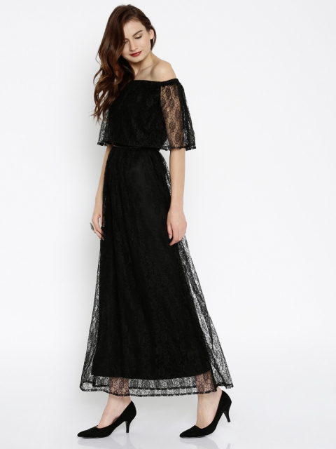 

SASSAFRAS Women Black Lace Off-Shoulder Maxi Dress