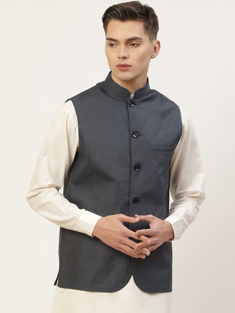 

Jompers Men Teal Blue Solid Woven Nehru Jacket