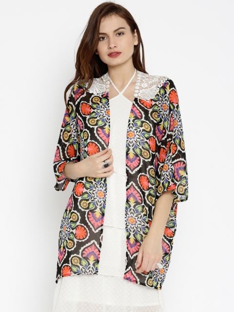 

SASSAFRAS Black & Coral Pink Printed Sheer Shrug with Lace Inserts