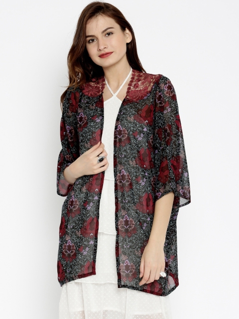 

SASSAFRAS Green & Maroon Printed Sheer Shrug with Lace Inserts