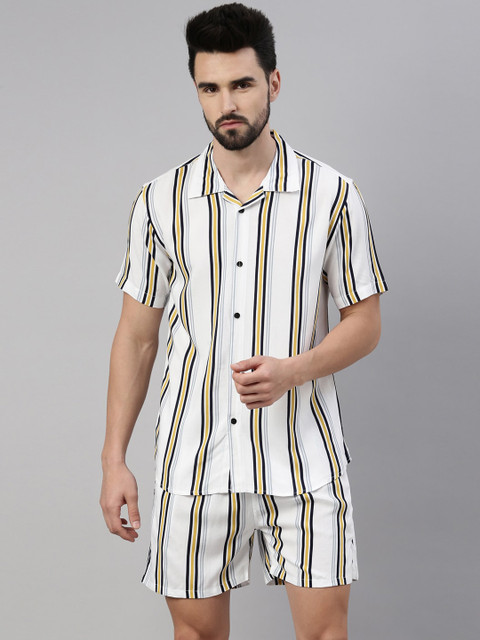 

TRUNDZ Men White & Blue Striped Night suit