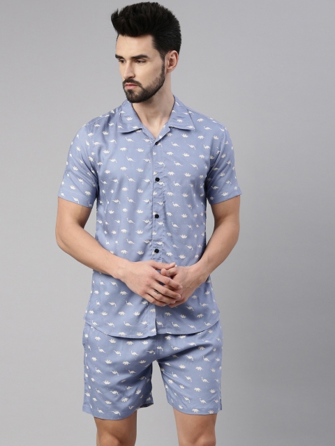 

TRUNDZ Men Blue & White Printed Night suit
