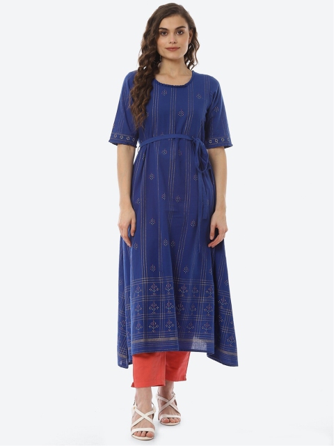 

Rangriti Women Blue Ethnic Motifs Printed A-Line Midi Dress