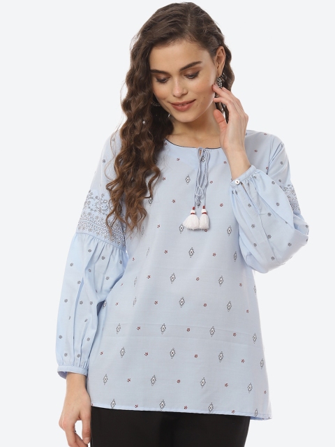 

Rangriti Blue & Black Print Tie-Up Neck Bishop Sleeves Top