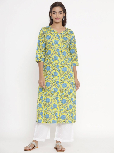 

MIRAVAN Women Yellow & Blue Floral Printed Pure Cotton Straight Kurta