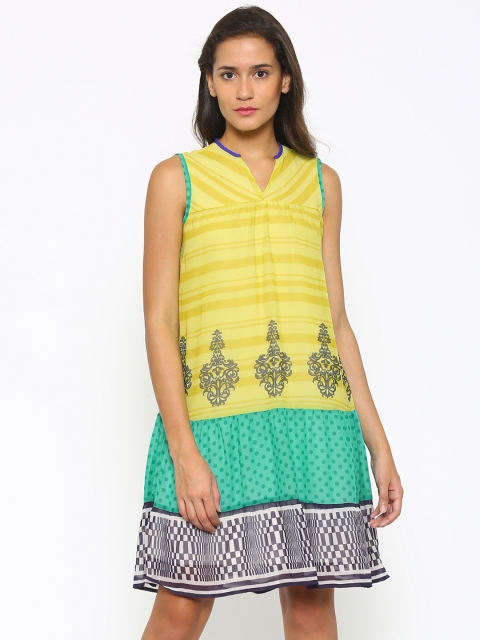 

Fusion Beats Women Lime Green Printed A-Line Dress