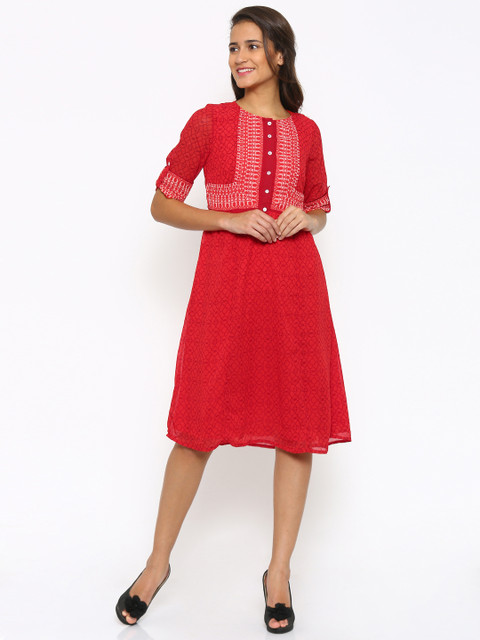 

Fusion Beats Women Red Printed A-Line Dress
