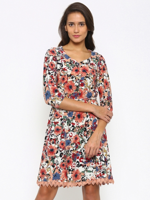 

Fusion Beats Women White & Peach-Coloured Floral Print A-Line Dress