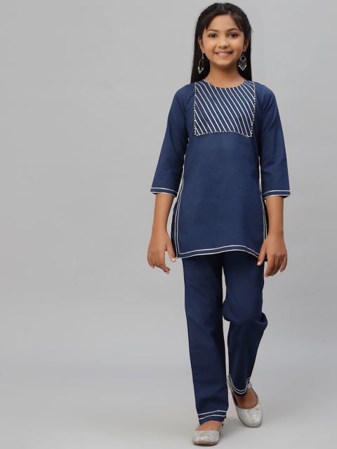 

NISHAB Girls Navy Blue Yoke Design Pure Cotton Kurti with Trousers