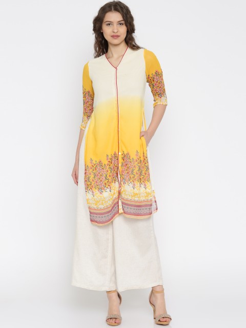 

Fusion Beats Women Yellow Printed Straight Kurta