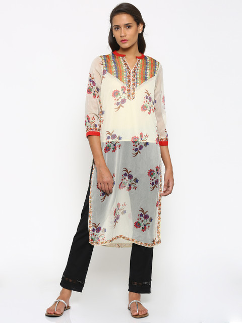 

Fusion Beats Women Cream-Coloured & Red Printed Straight Kurta