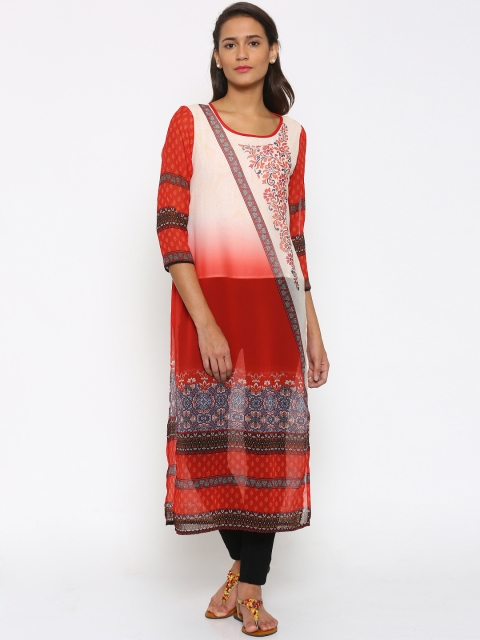 

Fusion Beats Women Beige & Red Printed Straight Kurta