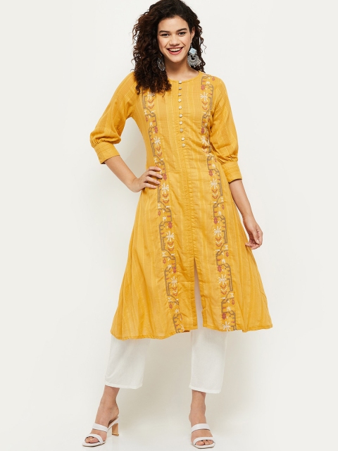 

max Women Mustard Yellow Ethnic Motifs Embroidered Thread Work Kurta