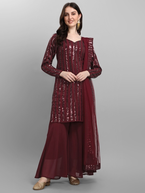 

JATRIQQ Maroon Embellished Silk Georgette Semi-Stitched Dress Material
