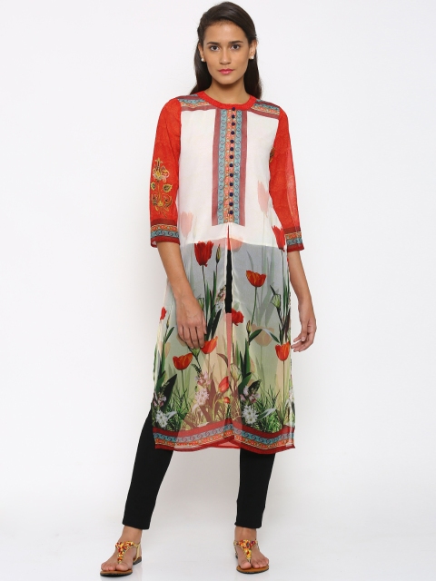 

Fusion Beats Women Cream-Coloured & Red Printed Straight Kurta