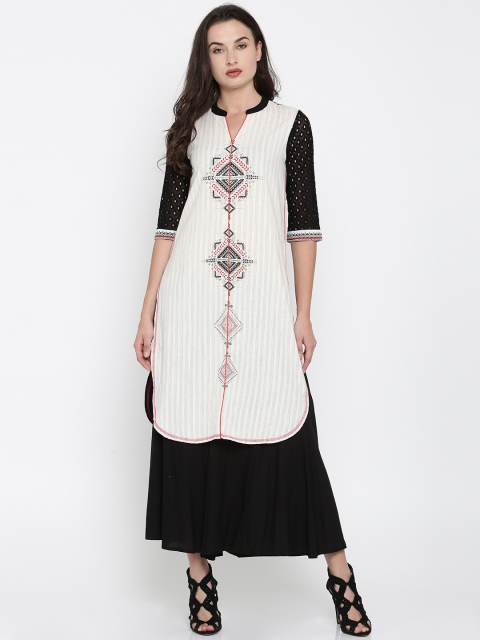 

Fusion Beats Women Off-White & Black Printed Straight Kurta
