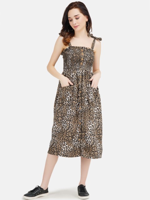 

JAAIVE Women Brown & White Animal Printed Crepe Midi Dress