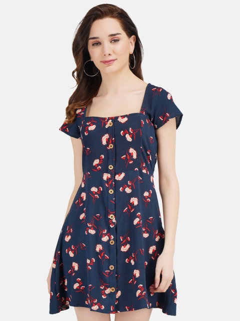 

JAAIVE Women Blue Floral Printed Crepe Mini Dress