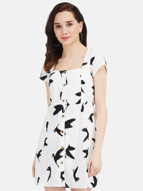 

JAAIVE Women White Conversational Printed Crepe Dress