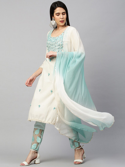 

FASHOR Women Off White Embroidered Thread Work Kurta with Palazzos & With Dupatta