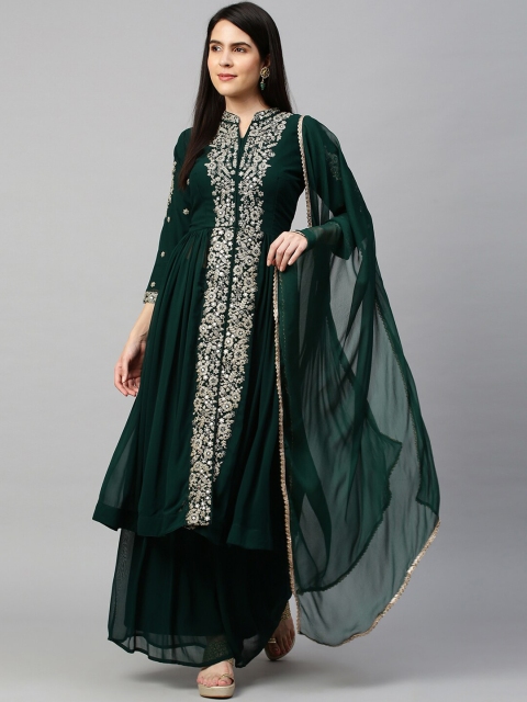 

FASHOR Women Green Ethnic Motifs Yoke Design Thread Work Kurta with Palazzos & With Dupatta