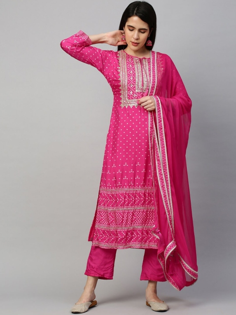 

FASHOR Women Pink Embroidered Gotta Patti Kurta with Trousers & With Dupatta