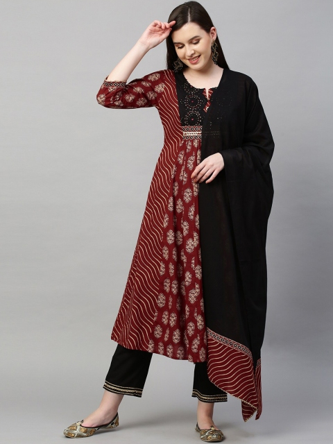 

FASHOR Women Maroon Ethnic Motifs Printed Empire Gotta Patti Pure Cotton Kurta with Trousers & With Dupatta