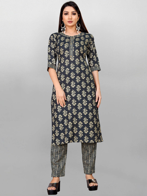 

Fashion FRICKS Women Grey Ethnic Motifs Printed Pure Cotton Kurta with Trousers