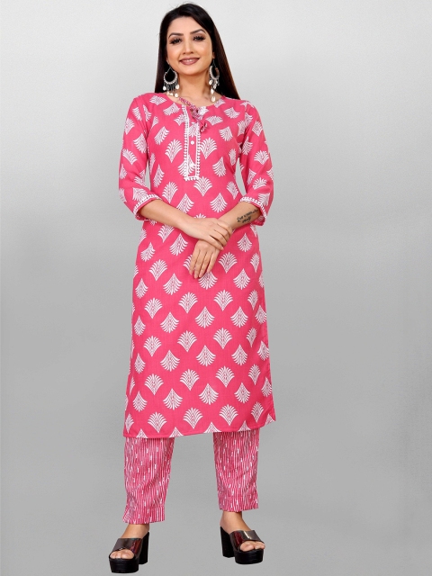 

Fashion FRICKS Women Pink Floral Printed Pure Cotton Kurta with Salwar