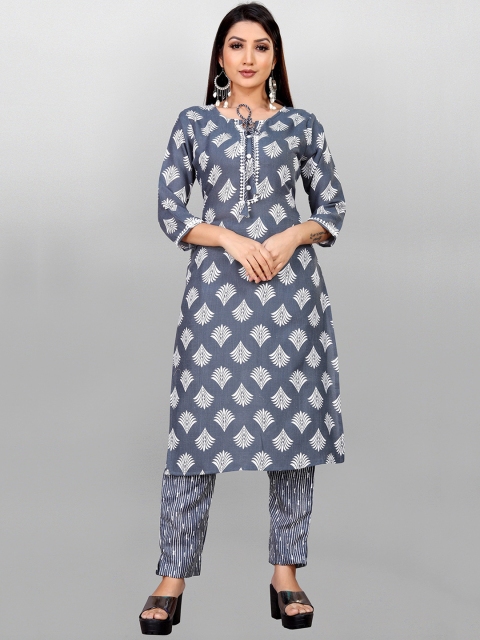 

Fashion FRICKS Women Blue Printed Pure Cotton Kurta with Trousers