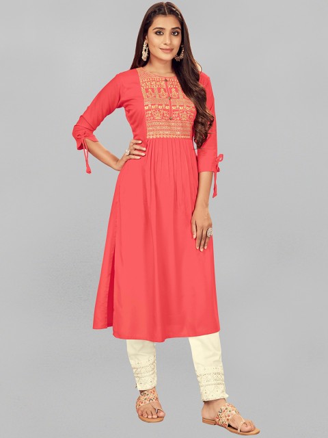 

Fashion FRICKS Women Red Floral Yoke Design Pure Cotton Kurta with Churidar