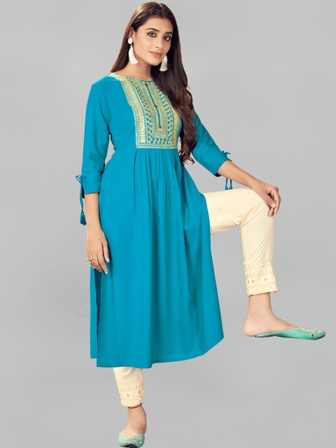 

Fashion FRICKS Women Blue Pleated Pure Cotton Kurta with Trousers