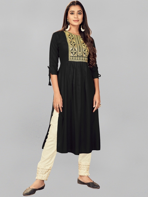 

Fashion FRICKS Women Black Ethnic Motifs Yoke Design Pleated Pure Cotton Kurta with Churidar