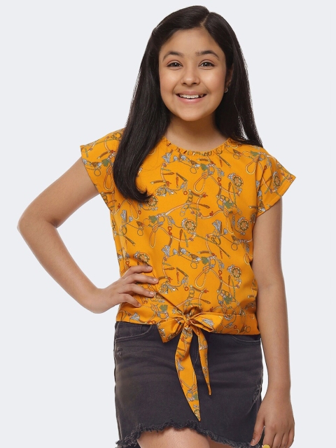 

CACA CINA Mustard Yellow Print Extended Sleeves Crepe Top