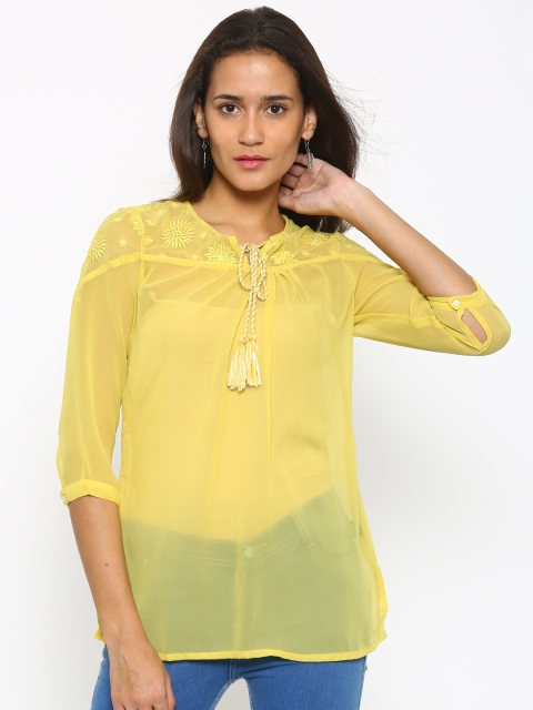 

Fusion Beats Women Lime Green Sheer A-Line Top