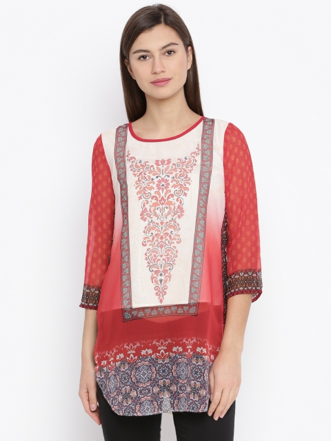 

Fusion Beats Cream-Coloured & Red Printed Sheer Tunic