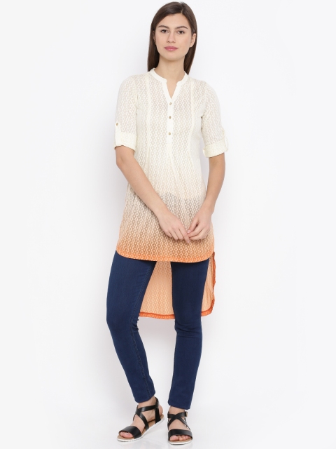 

Fusion Beats Women Cream-Coloured & Orange Ombre-Dyed High-Low Tunic