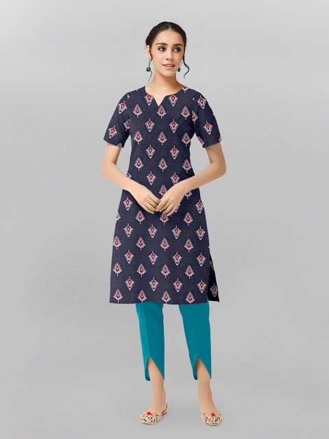 

Fashion FRICKS Navy Blue Ethnic Motifs Printed V-Neck Pure Cotton Kurti
