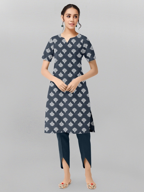

Fashion FRICKS Grey Ethnic Motifs Printed V-Neck Pure Cotton Kurti